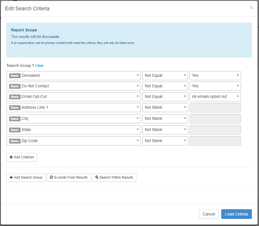 Recommended NeonCRM Mailing Report Criteria