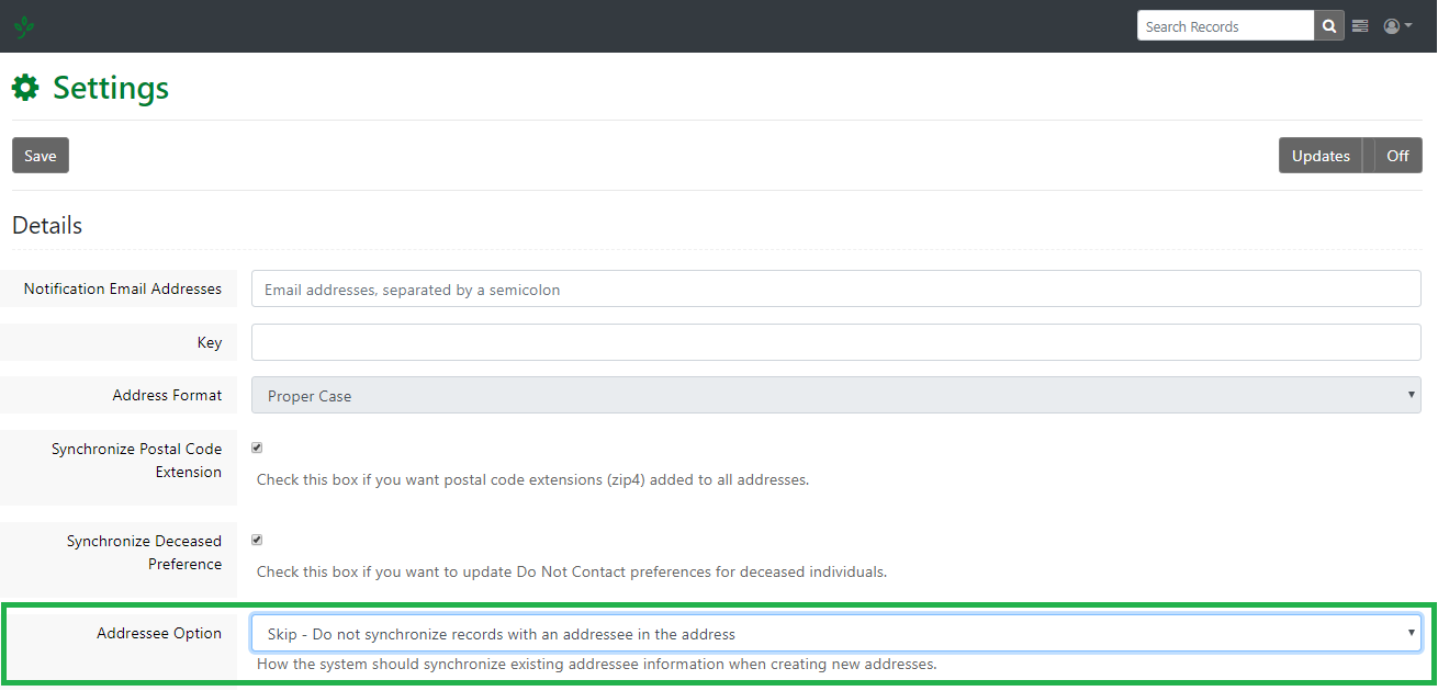 To update your Addressee Option navigate to your integration settings and select the option you want.