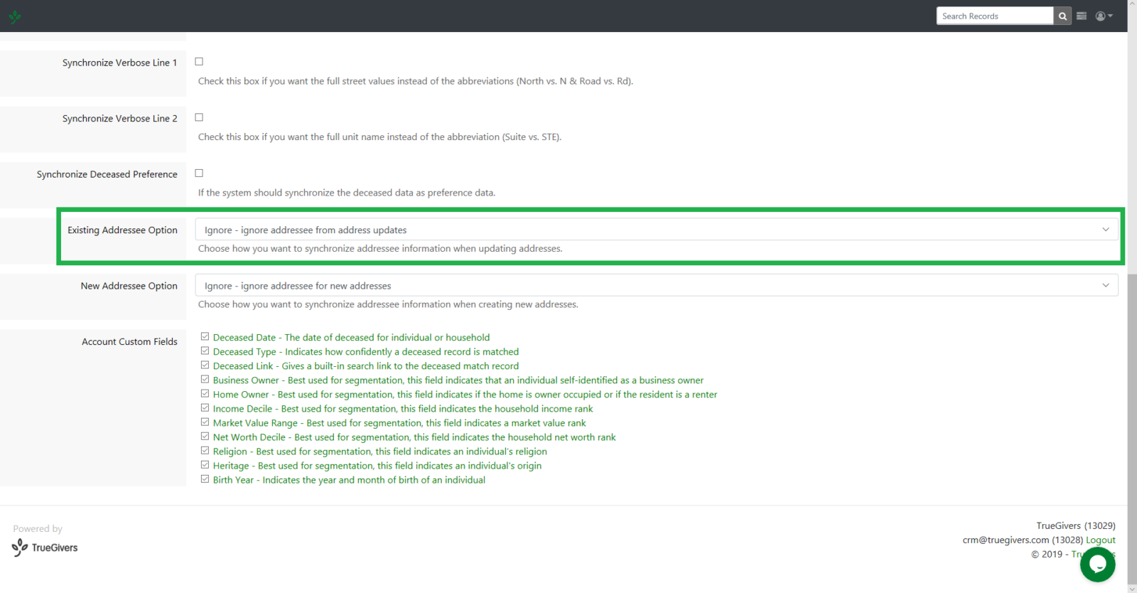 Integration Settings – Existing Addressee Option - TrueGivers