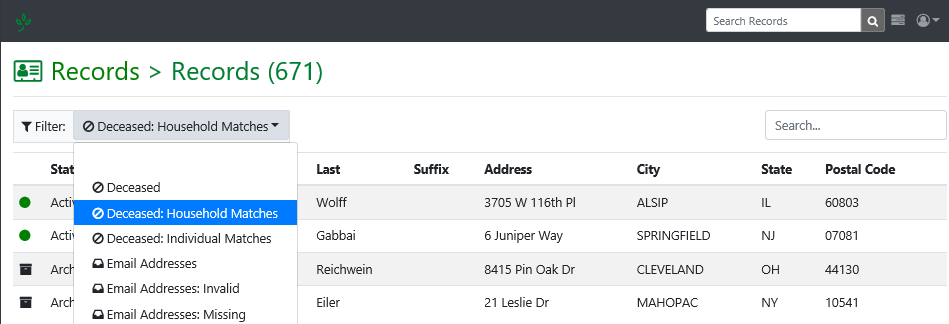 Deceased Household Matches click through