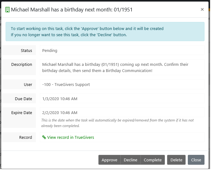 Birthday Task Details - a Donor Stewardship Task