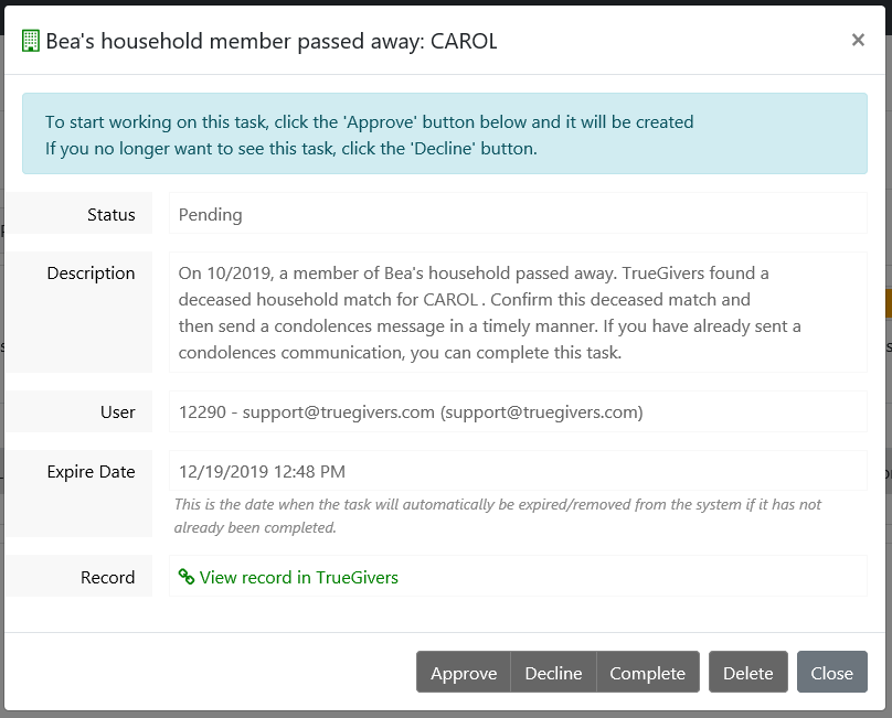 Household Deceased Task Details - TrueGivers Donor Stewardship Task