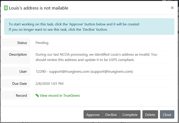 Invalid Address Identified Task Details indicate a non-mailable address