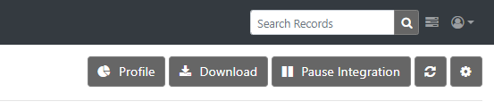 Dashboard Button showing the Profile, Download, Pause Integration, and Settings